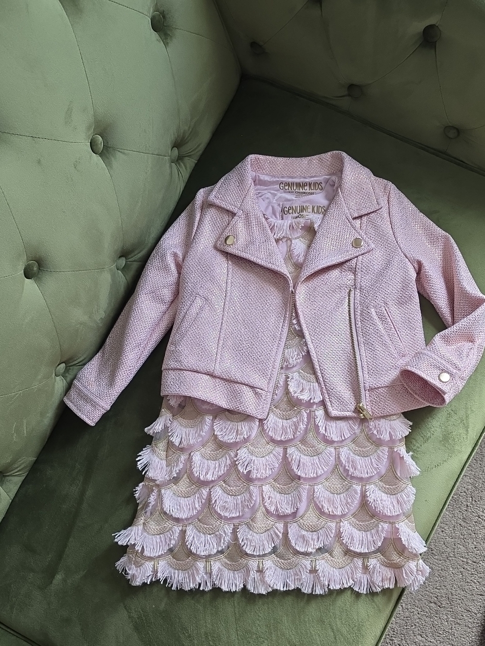 OshKosh B'gosh Light Pink And Gold Moto Jacket and Fringe Dress Set